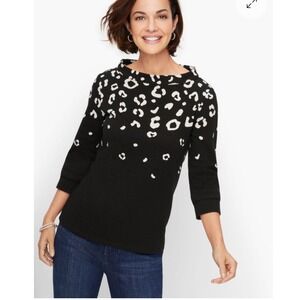 Talbots Black Ombre Leopard Print Funnel Neck 3/4 Sleeve Top Women's 1X Zip Back